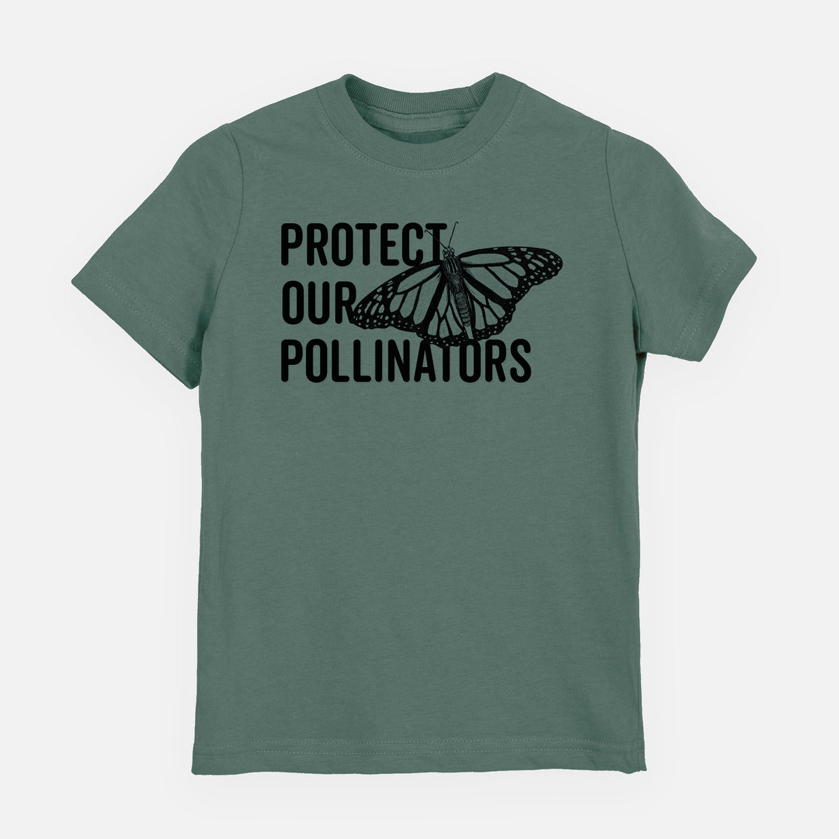 Basil green youth t-shirt laid flat, printed with bold black words reading Protect Our Pollinators beside a monarch butterfly.