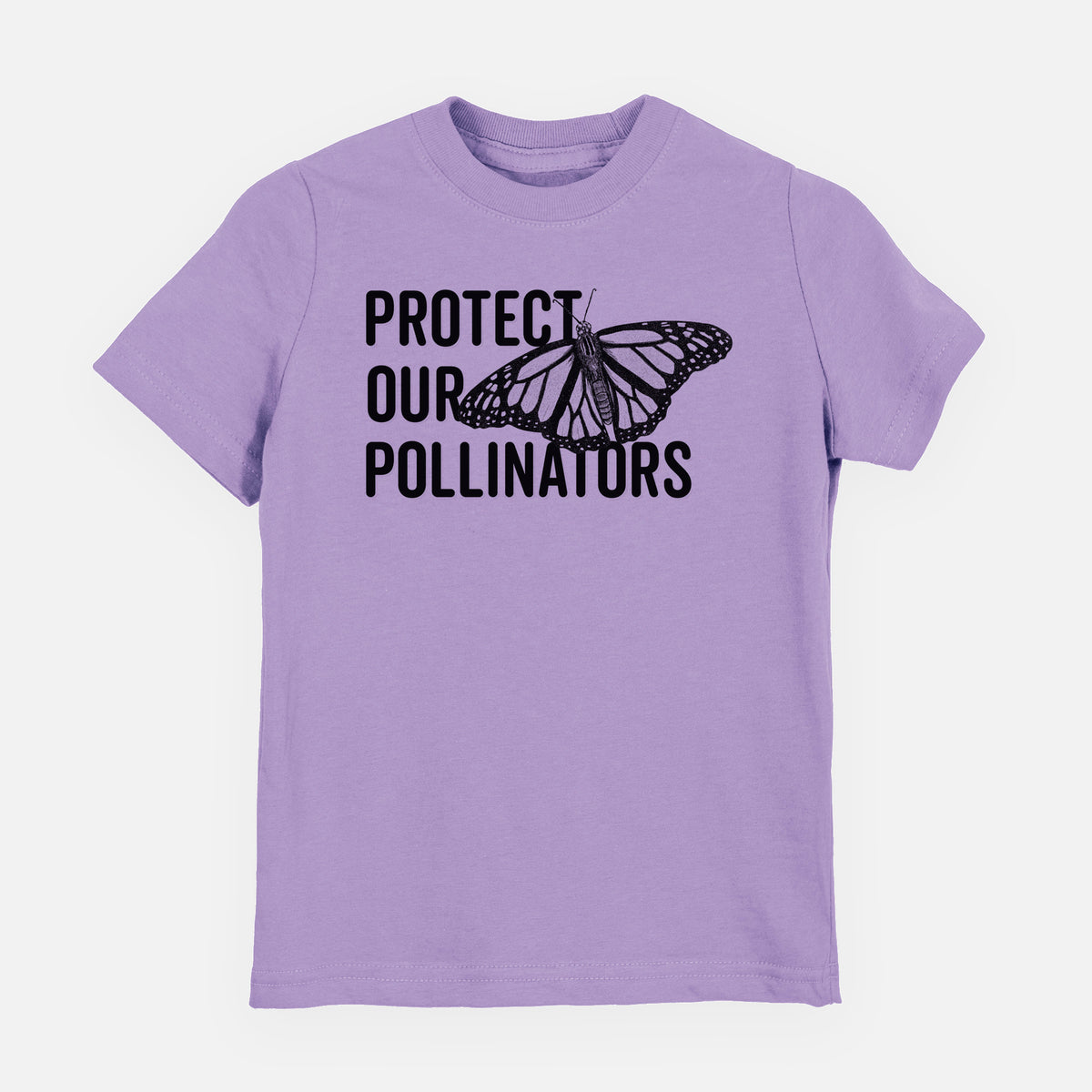 Lavender youth t-shirt laid flat, printed with bold black words reading Protect Our Pollinators beside a monarch butterfly.