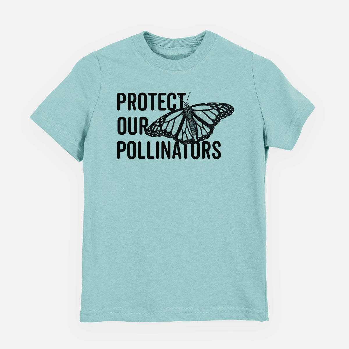 Saltwater youth t-shirt laid flat, printed with bold black words reading Protect Our Pollinators beside a monarch butterfly.