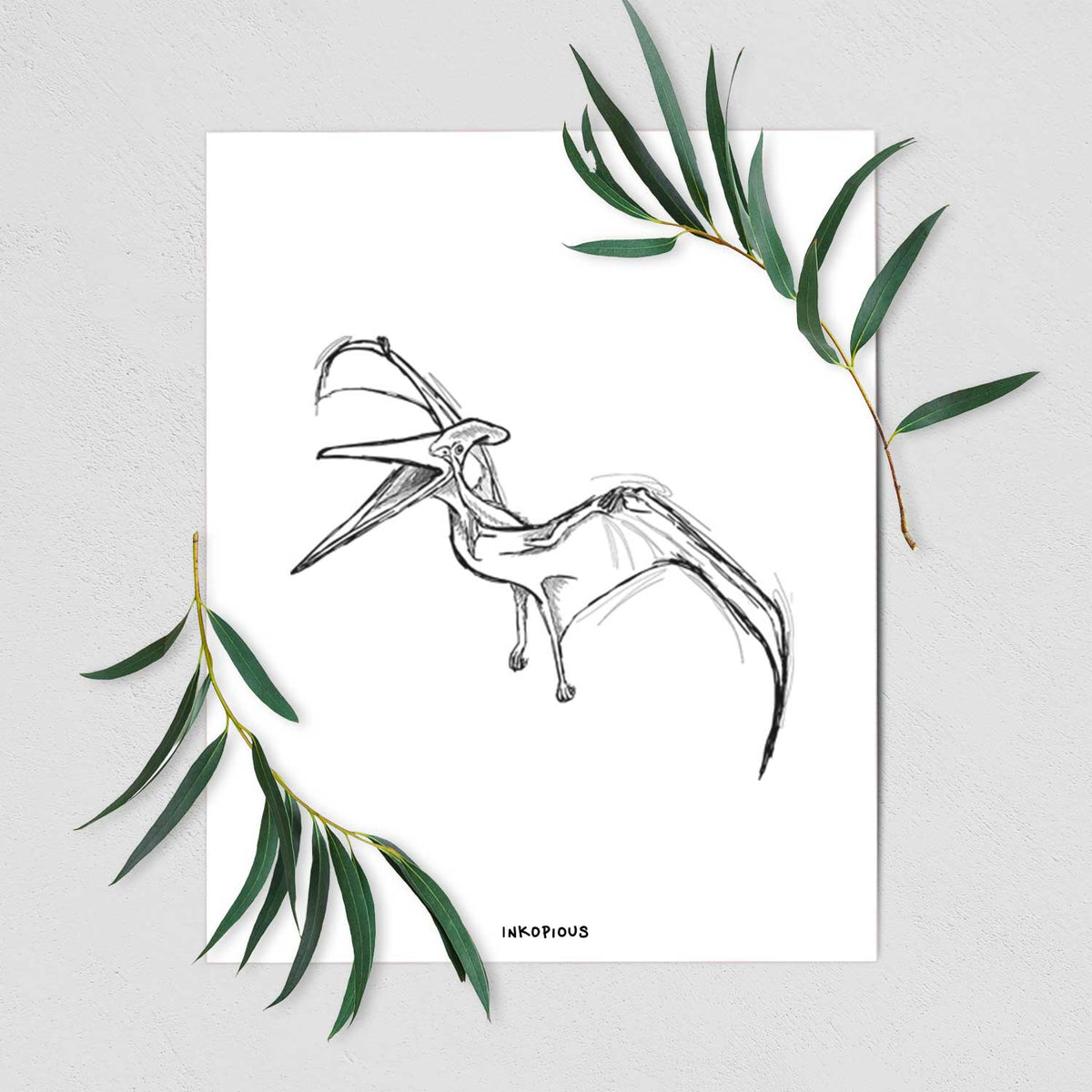 Art print of a black ink illustration of a Pteranodon in flight, shown with eucalyptus leaves.
