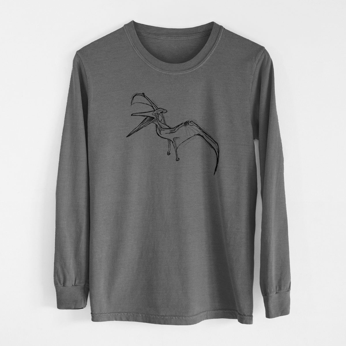 Pepper Comfort Colors long sleeve shirt laid flat, printed with a black ink illustration of a Pteranodon in flight.