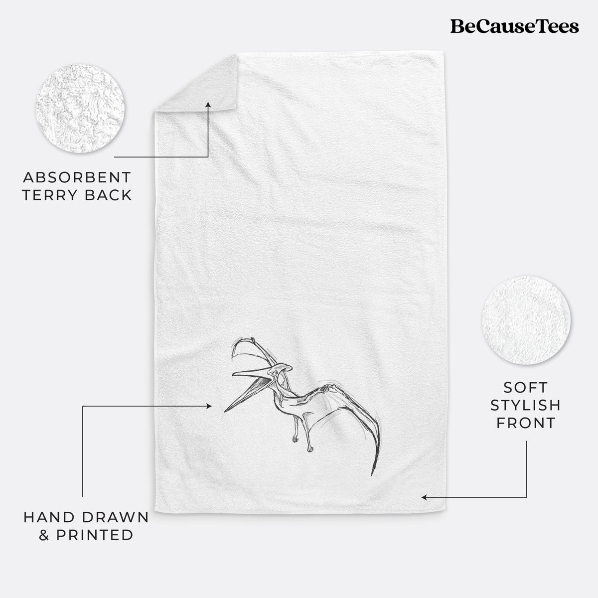 White hand towel printed with a black ink illustration of a Pteranodon in flight.