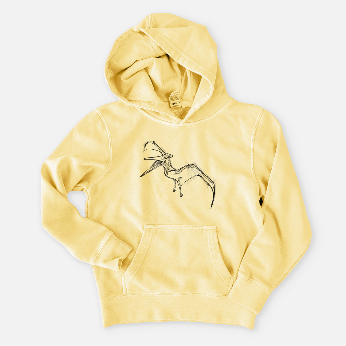 Pigment yellow youth pigment dyed hoodie laid flat, printed with a black ink illustration of a Pteranodon in flight.