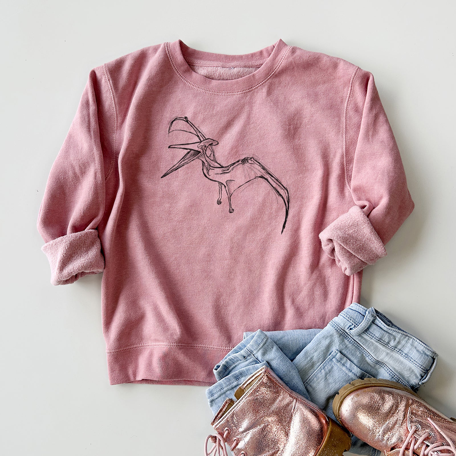 Boy wearing a youth crewneck sweatshirt printed with a black ink illustration of a Pteranodon in flight, outdoors.