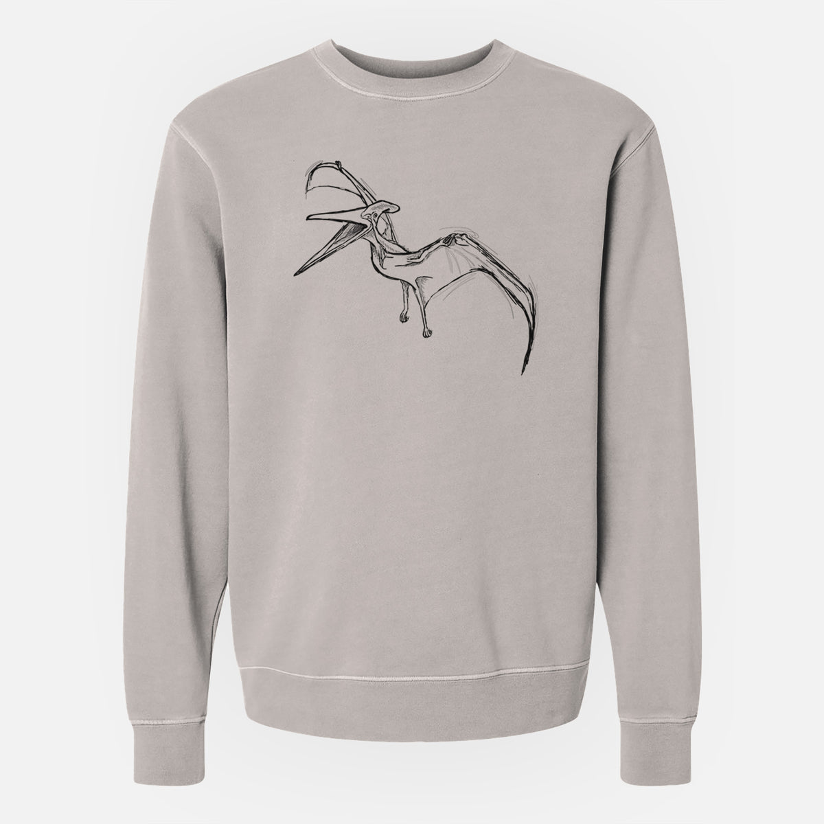 Cement grey pigment dyed crewneck sweatshirt laid flat, printed with a black ink illustration of a Pteranodon in flight.