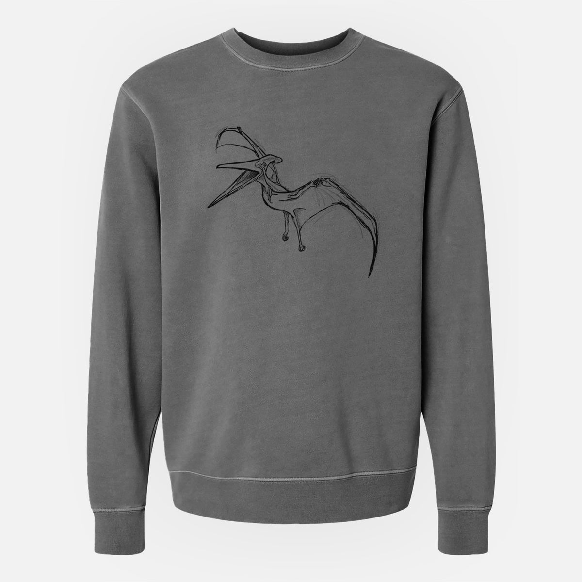 Faded black pigment dyed crewneck sweatshirt laid flat, printed with a black ink illustration of a Pteranodon in flight.