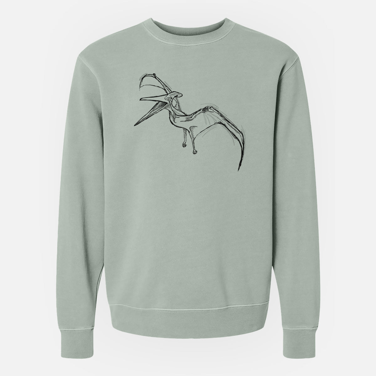 Sage green pigment dyed crewneck sweatshirt laid flat, printed with a black ink illustration of a Pteranodon in flight.