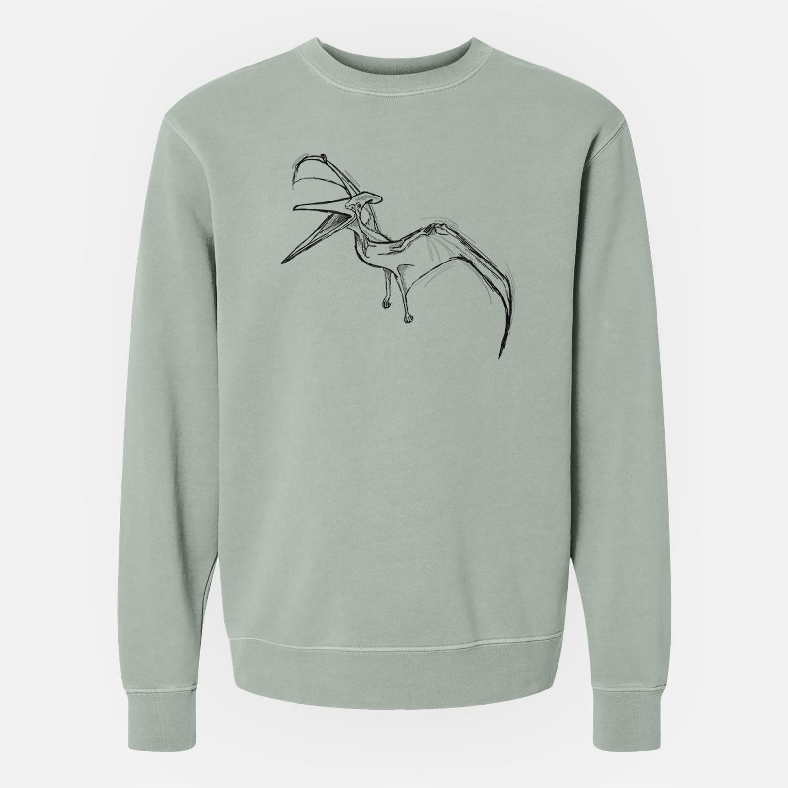 Sage green pigment dyed crewneck sweatshirt laid flat, printed with a black ink illustration of a Pteranodon in flight.