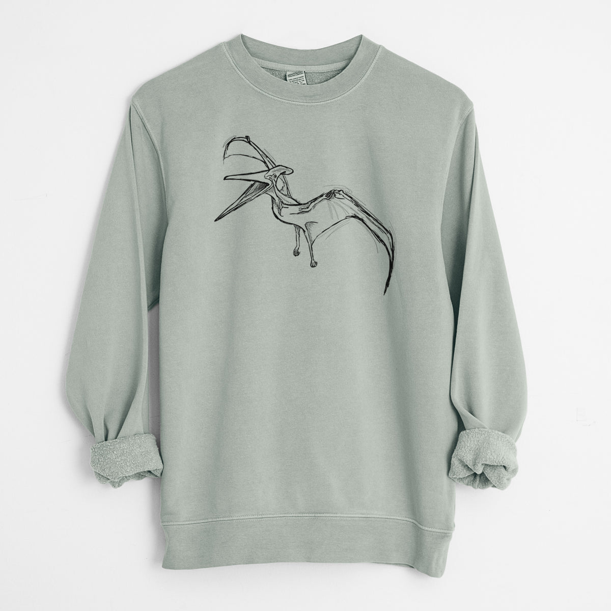 Sage green pigment dyed crewneck sweatshirt laid flat with the sleeves rolled, printed with a black ink illustration of a Pteranodon in flight.