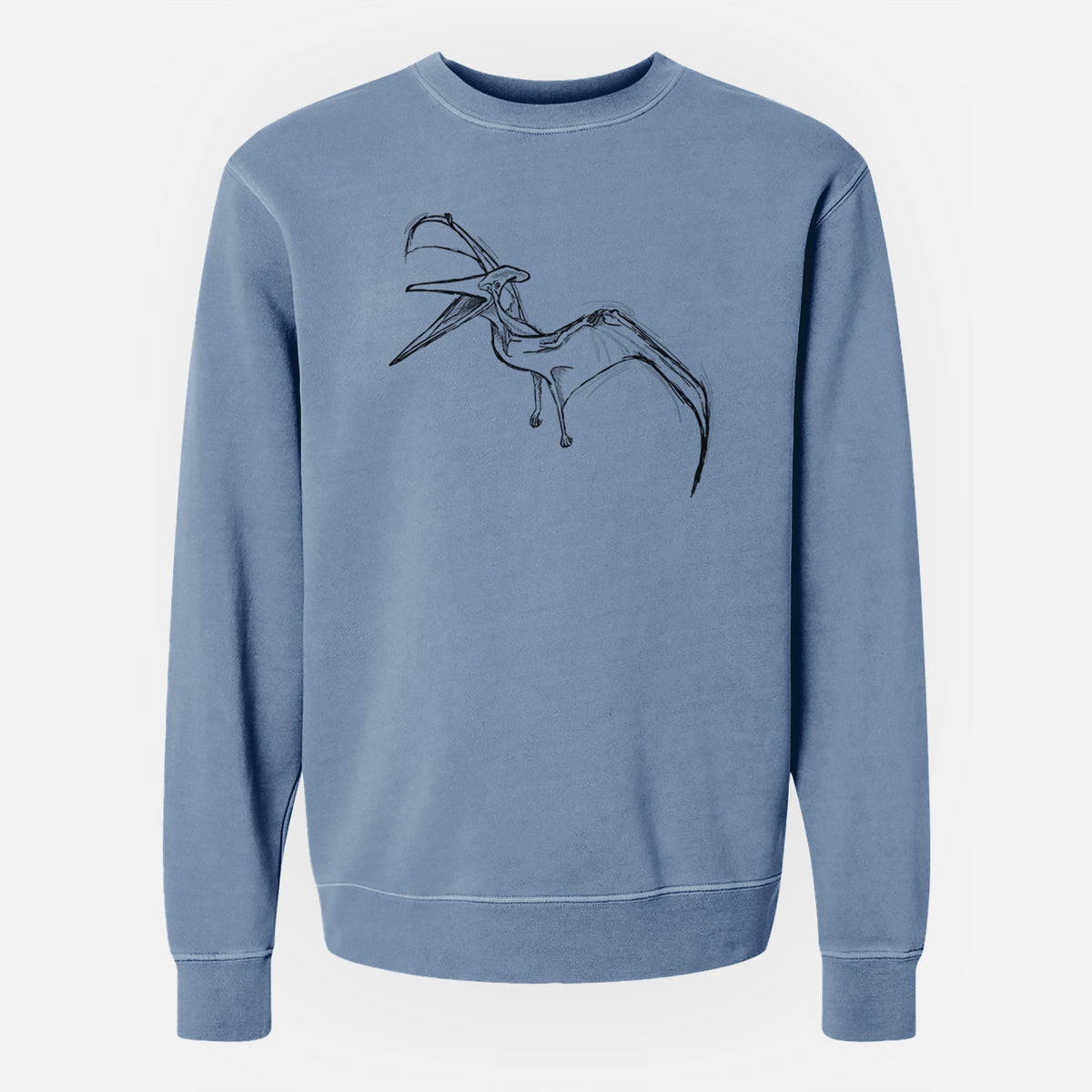 Slate blue pigment dyed crewneck sweatshirt laid flat, printed with a black ink illustration of a Pteranodon in flight.