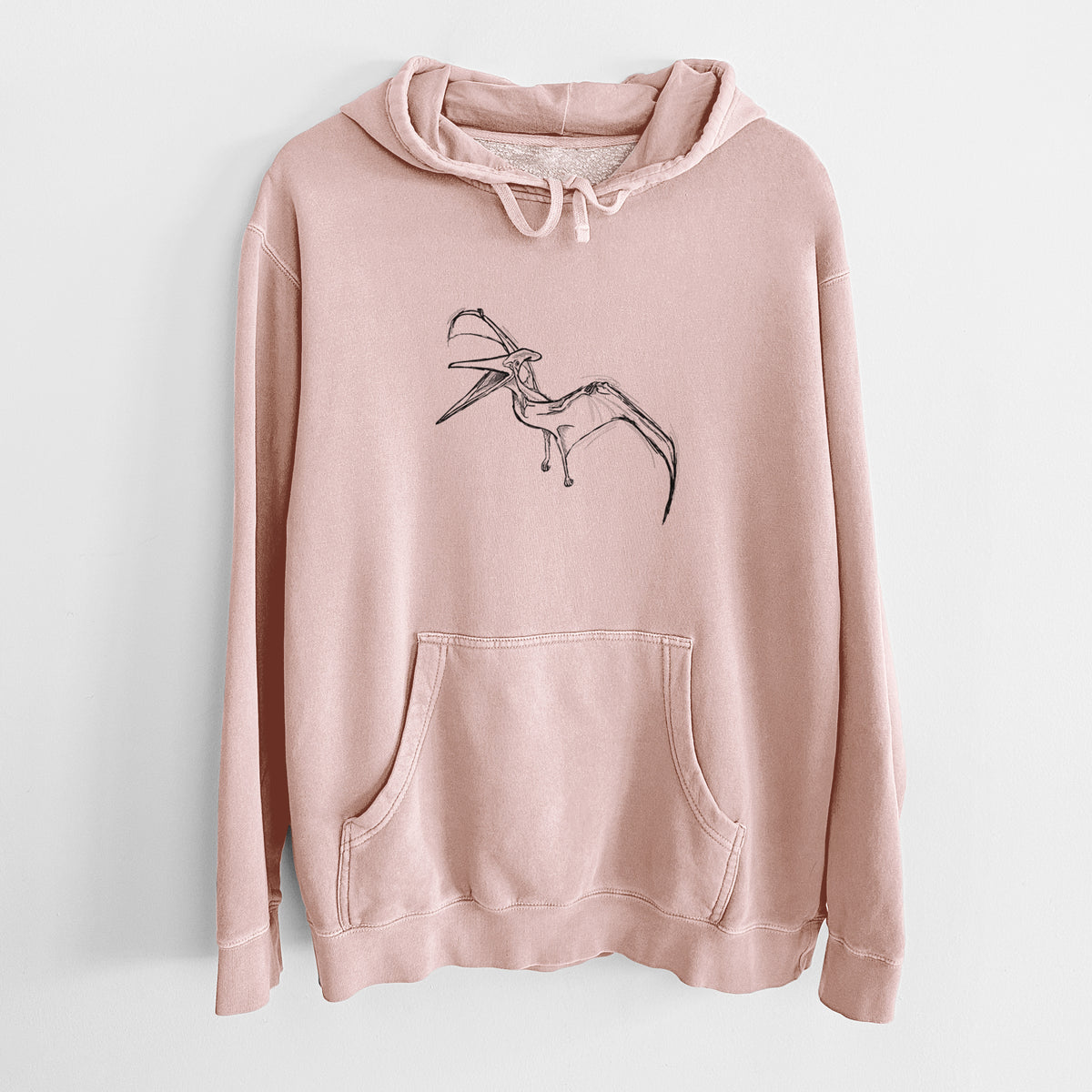 Dusty pink pigment dyed hoodie laid flat, printed with a black ink illustration of a Pteranodon in flight.