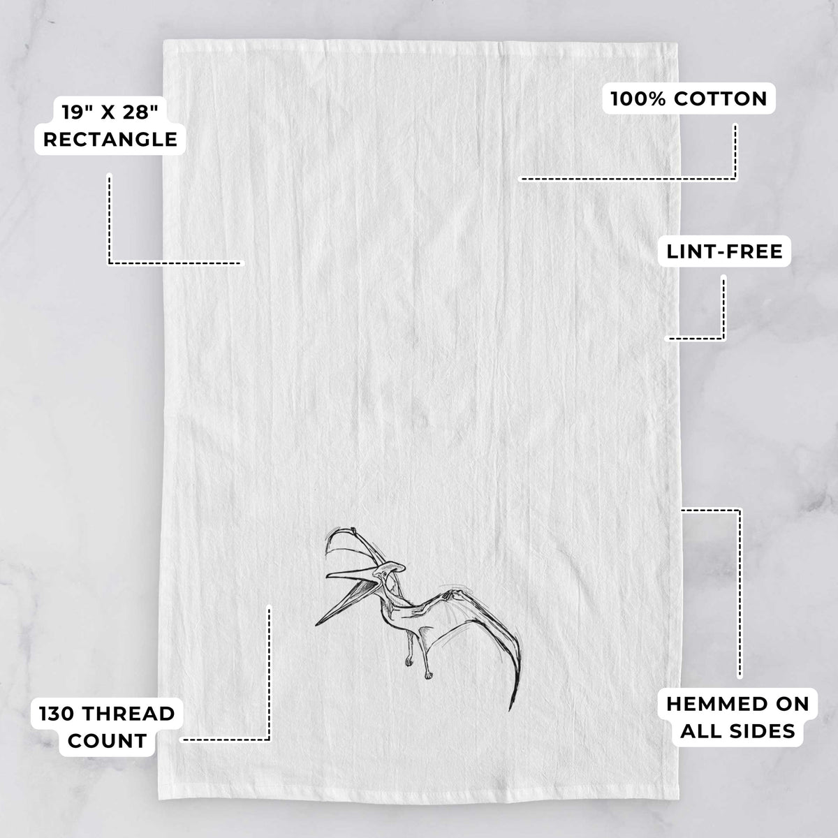 White tea towel printed with a black ink illustration of a Pteranodon in flight, with feature labels: 19 by 28 inch rectangle, 100% cotton, lint-free, 130 thread count, hemmed on all sides.