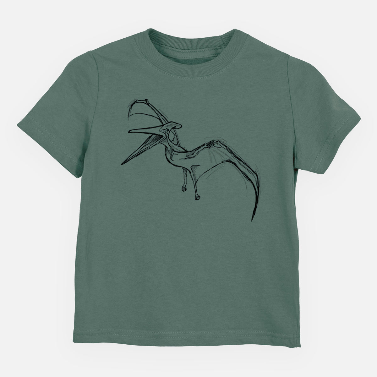 Basil green toddler t-shirt laid flat, printed with a black ink illustration of a Pteranodon in flight.