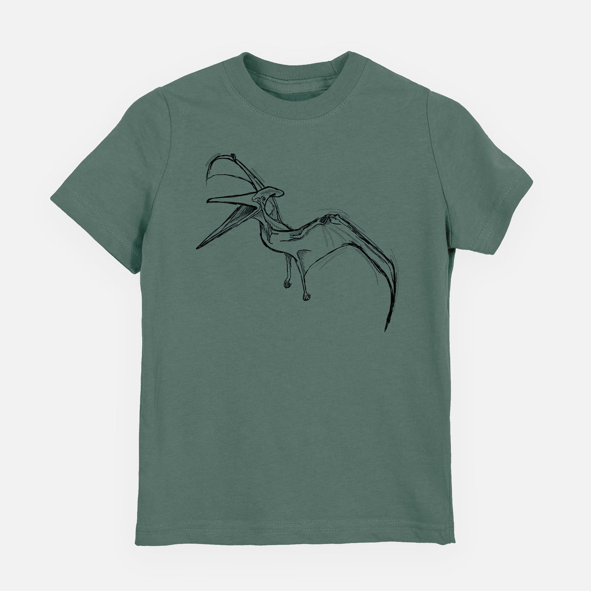 Basil green youth t-shirt laid flat, printed with a black ink illustration of a Pteranodon in flight.
