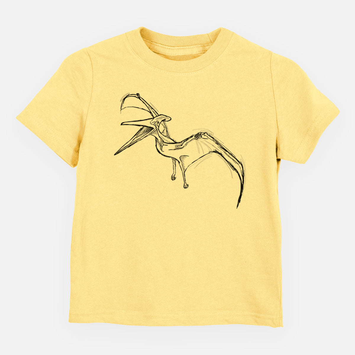 Butter yellow toddler t-shirt laid flat, printed with a black ink illustration of a Pteranodon in flight.