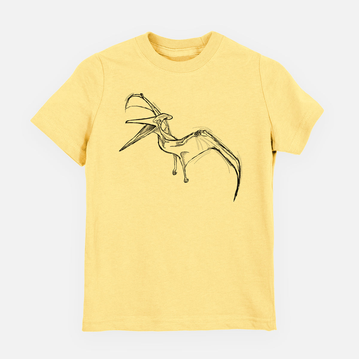 Butter yellow youth t-shirt laid flat, printed with a black ink illustration of a Pteranodon in flight.