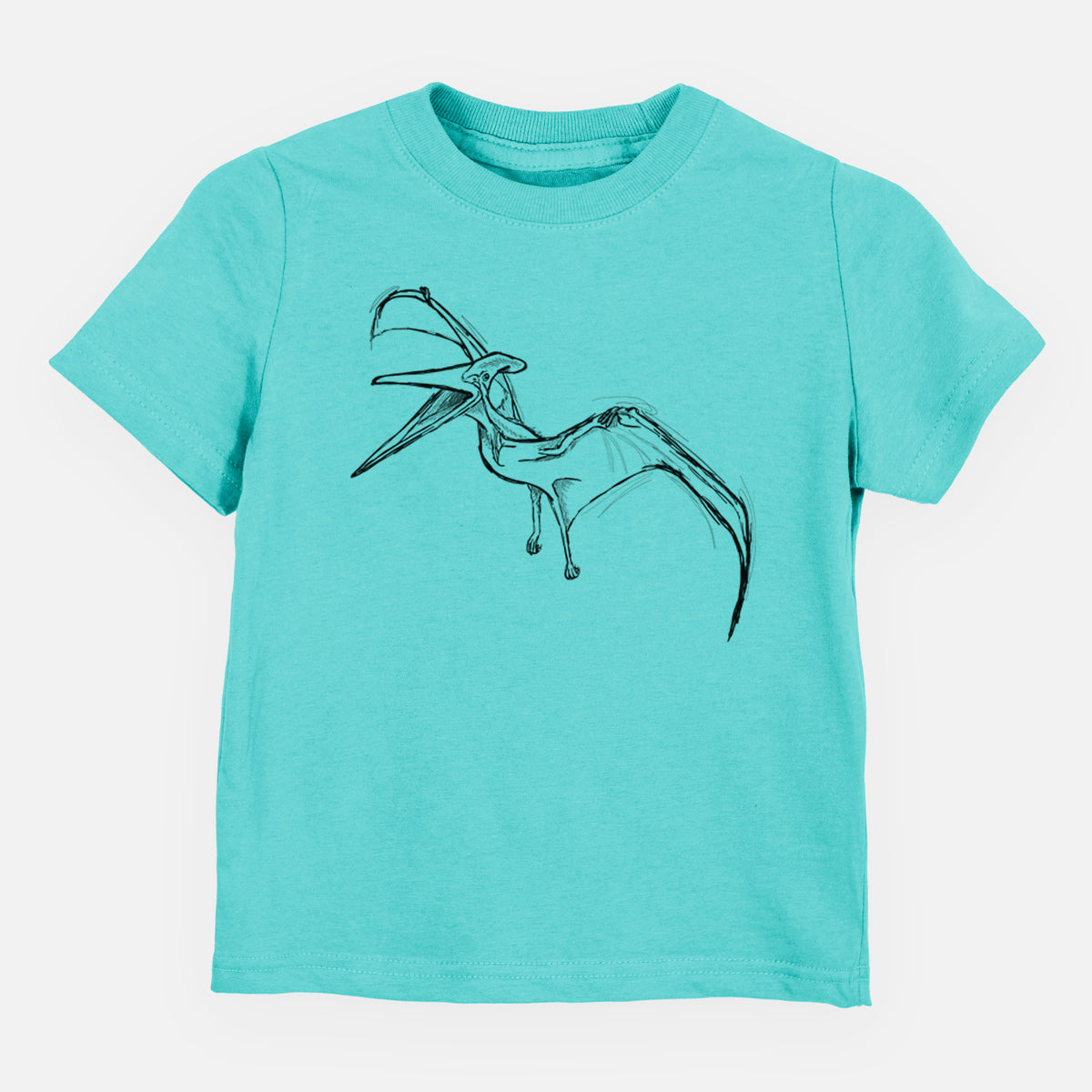 Caribbean blue toddler t-shirt laid flat, printed with a black ink illustration of a Pteranodon in flight.