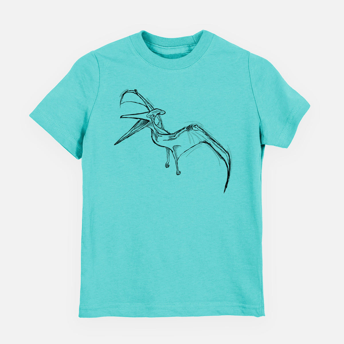 Caribbean blue youth t-shirt laid flat, printed with a black ink illustration of a Pteranodon in flight.