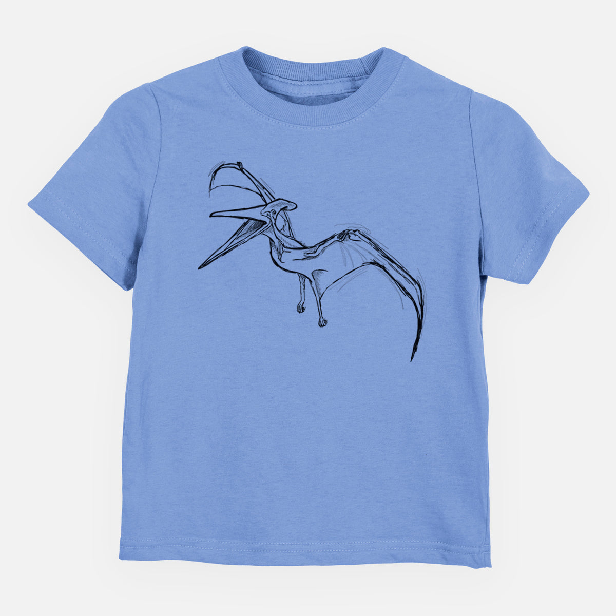 Carolina blue toddler t-shirt laid flat, printed with a black ink illustration of a Pteranodon in flight.