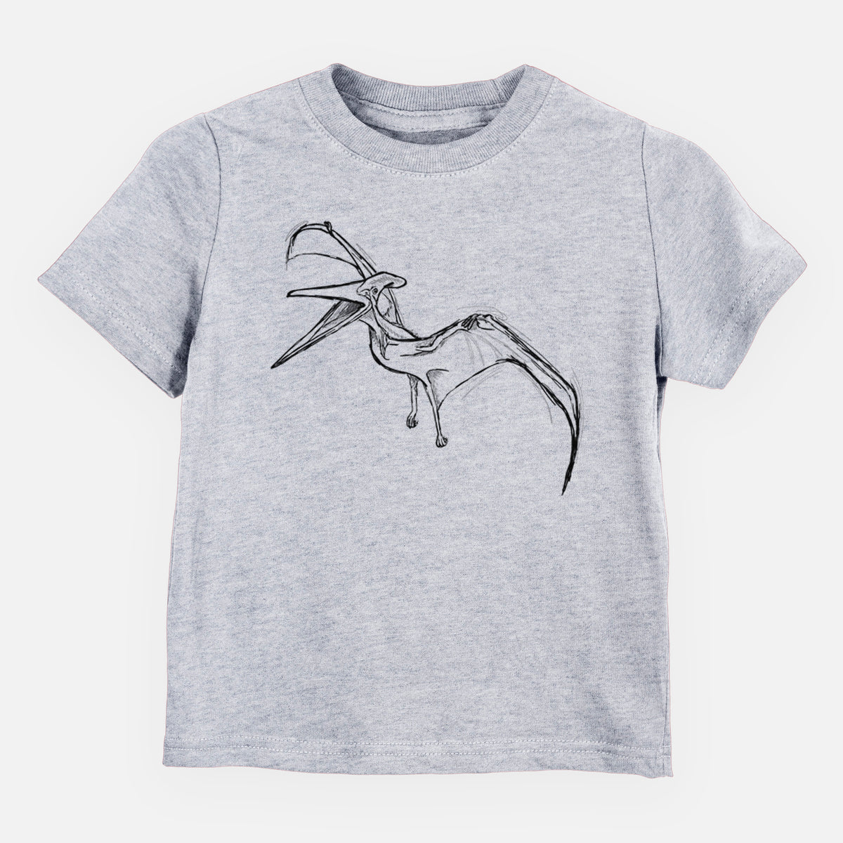 Heather grey toddler t-shirt laid flat, printed with a black ink illustration of a Pteranodon in flight.