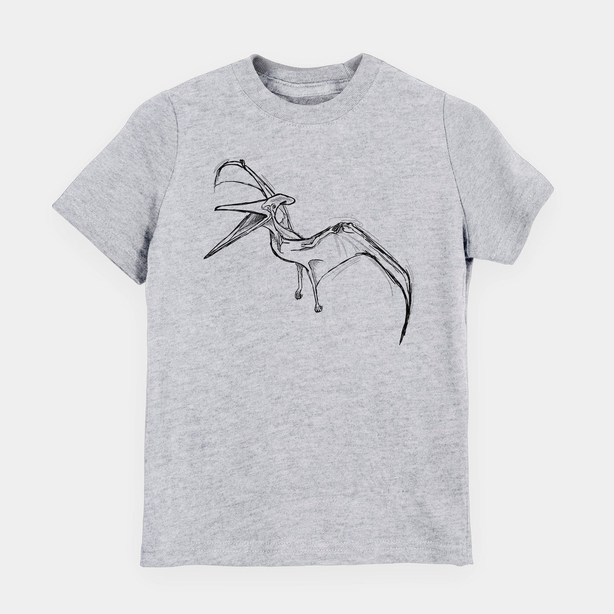 Heather grey youth t-shirt laid flat, printed with a black ink illustration of a Pteranodon in flight.