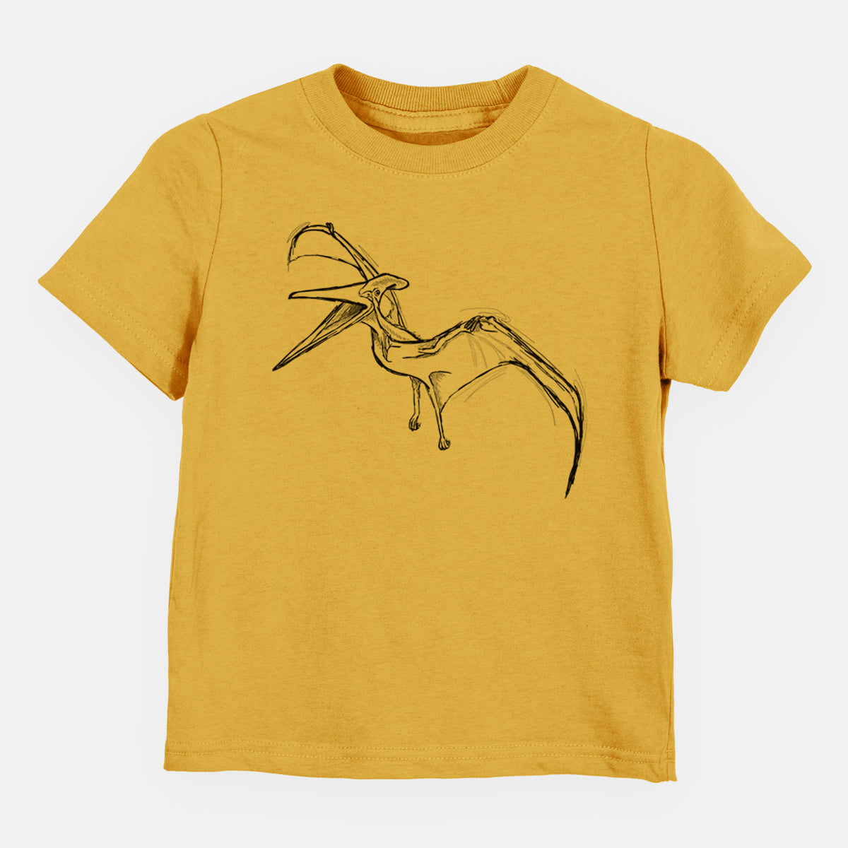 Honeycomb yellow toddler t-shirt laid flat, printed with a black ink illustration of a Pteranodon in flight.