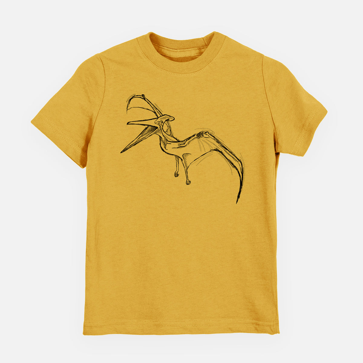 Honeycomb yellow youth t-shirt laid flat, printed with a black ink illustration of a Pteranodon in flight.