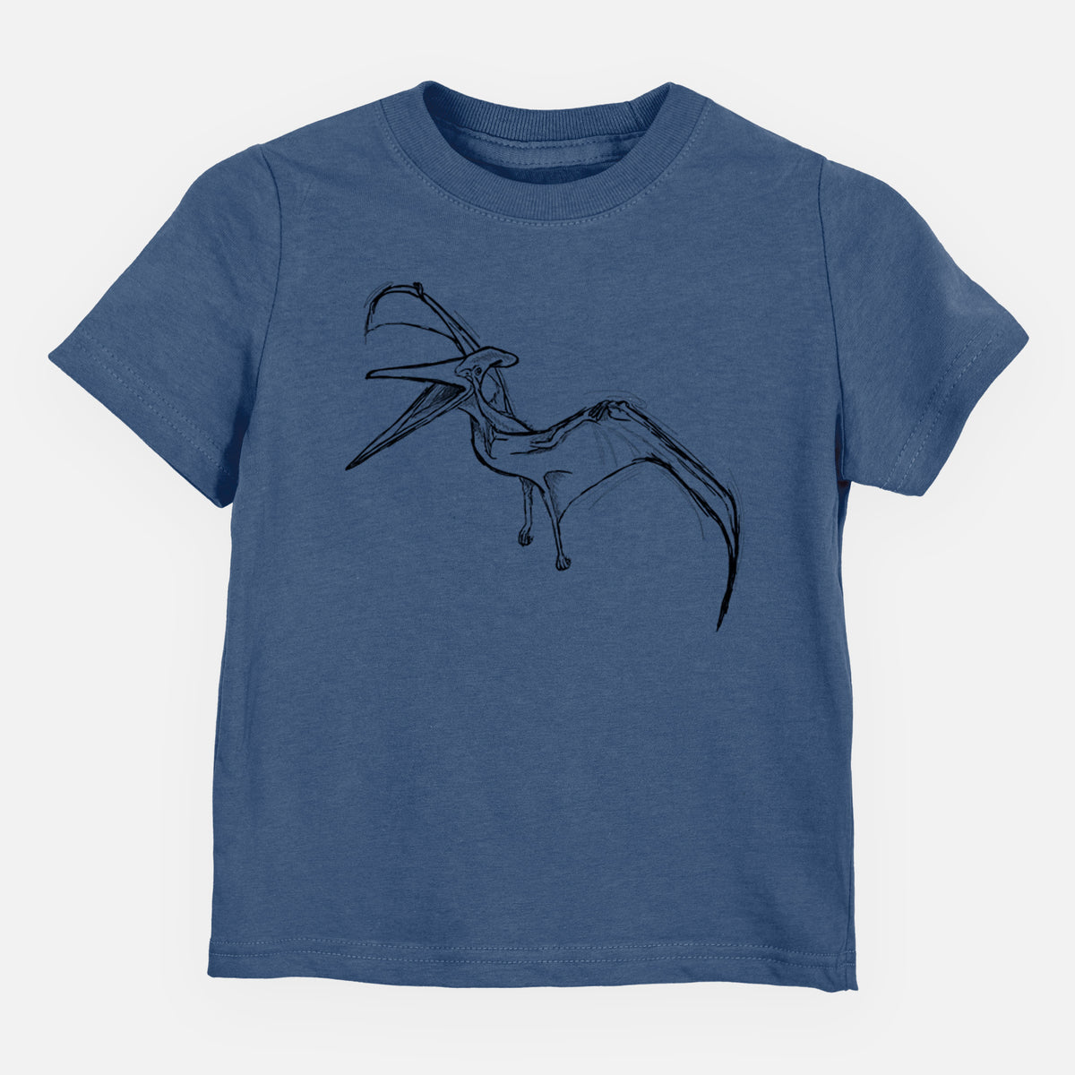 Indigo blue toddler t-shirt laid flat, printed with a black ink illustration of a Pteranodon in flight.