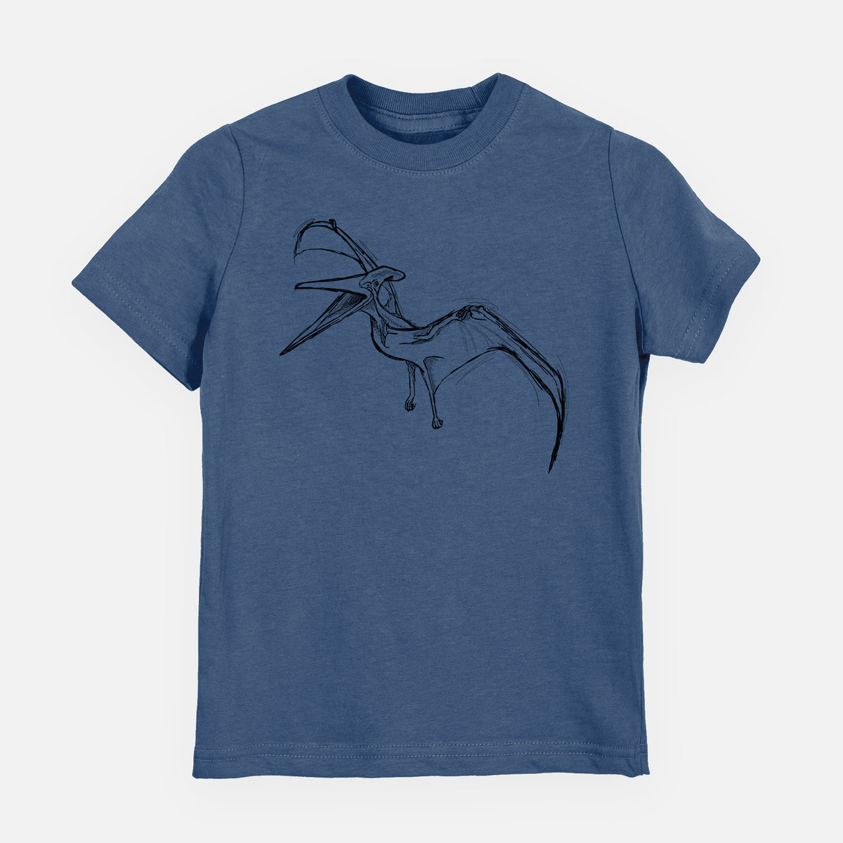 Indigo blue youth t-shirt laid flat, printed with a black ink illustration of a Pteranodon in flight.