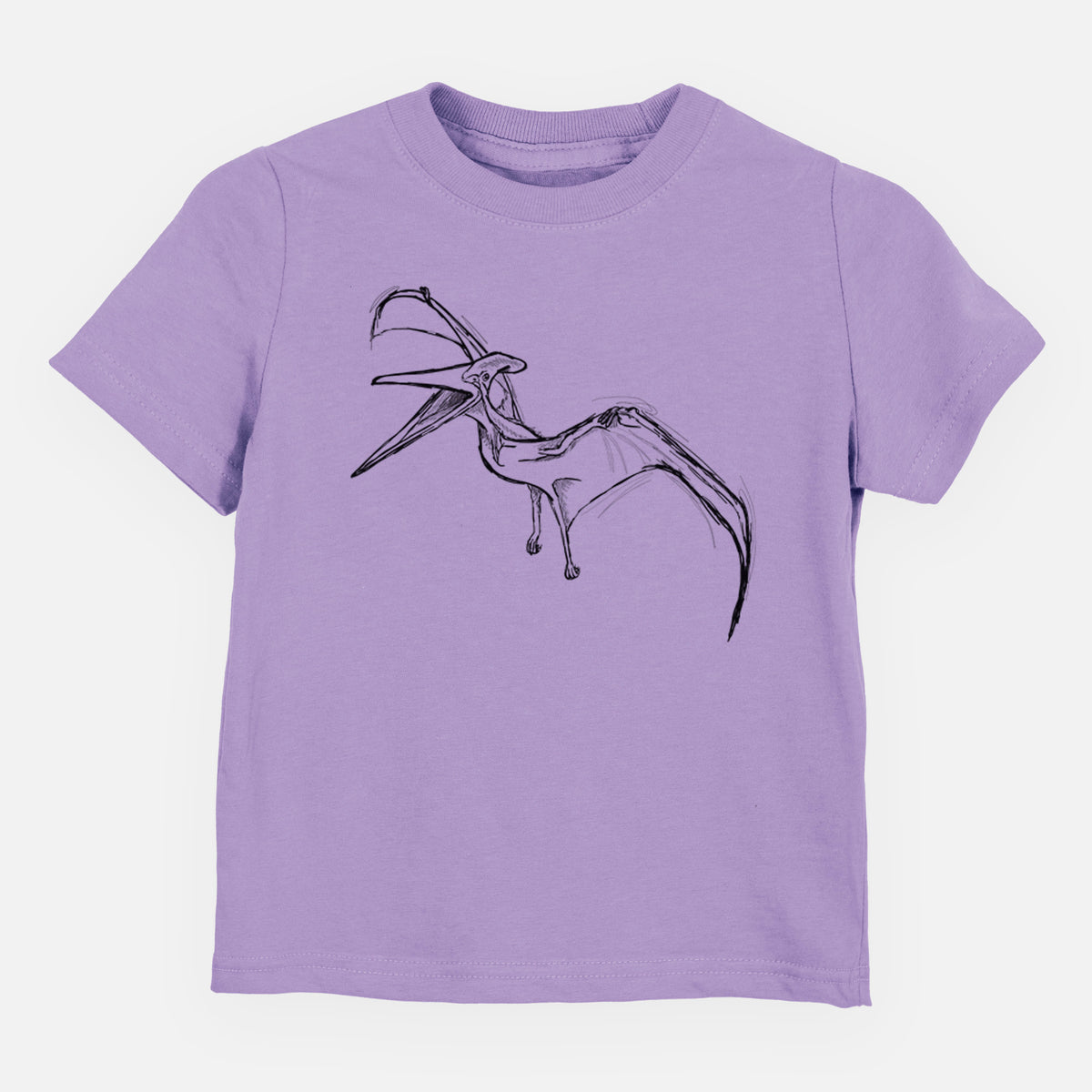 Lavender toddler t-shirt laid flat, printed with a black ink illustration of a Pteranodon in flight.