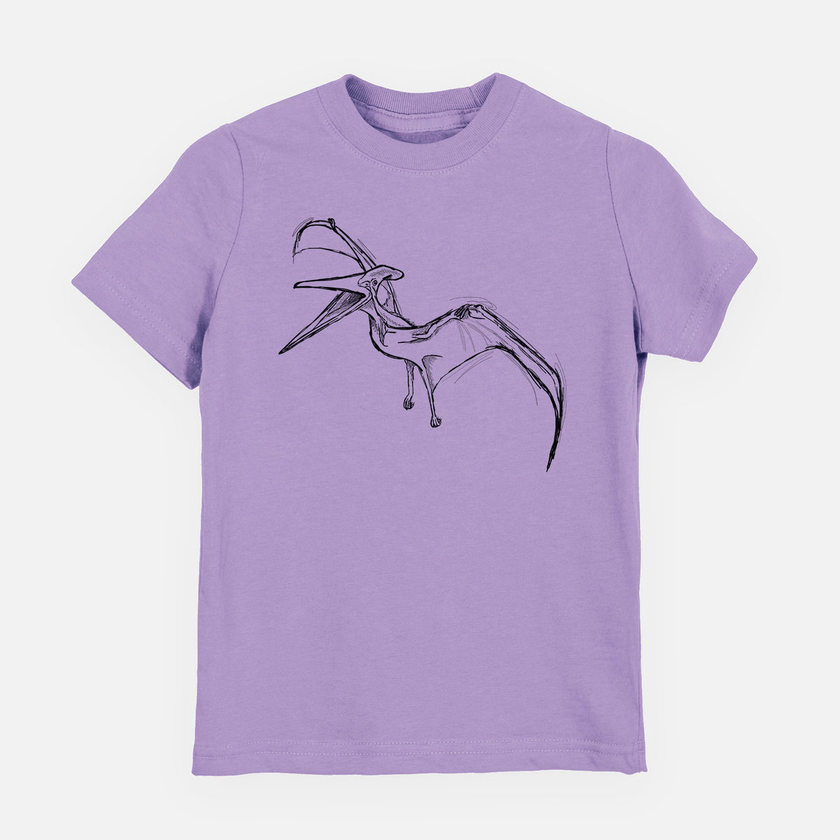 Lavender youth t-shirt laid flat, printed with a black ink illustration of a Pteranodon in flight.