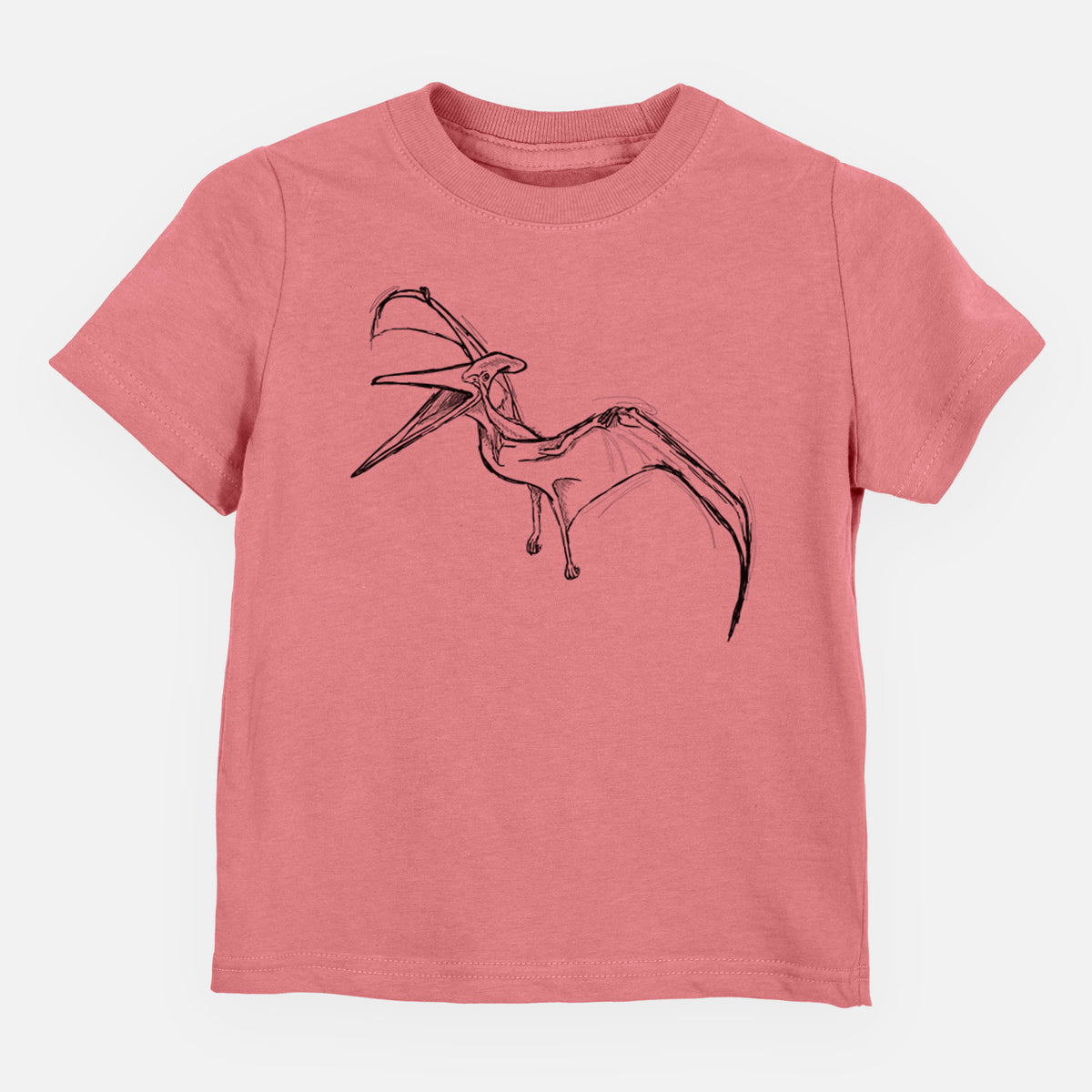 Mauve pink toddler t-shirt laid flat, printed with a black ink illustration of a Pteranodon in flight.