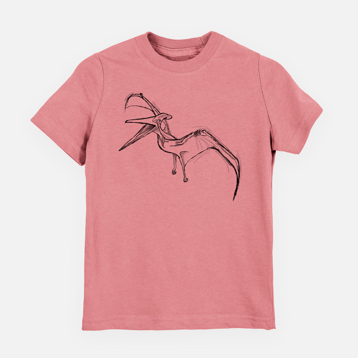 Mauve pink youth t-shirt laid flat, printed with a black ink illustration of a Pteranodon in flight.