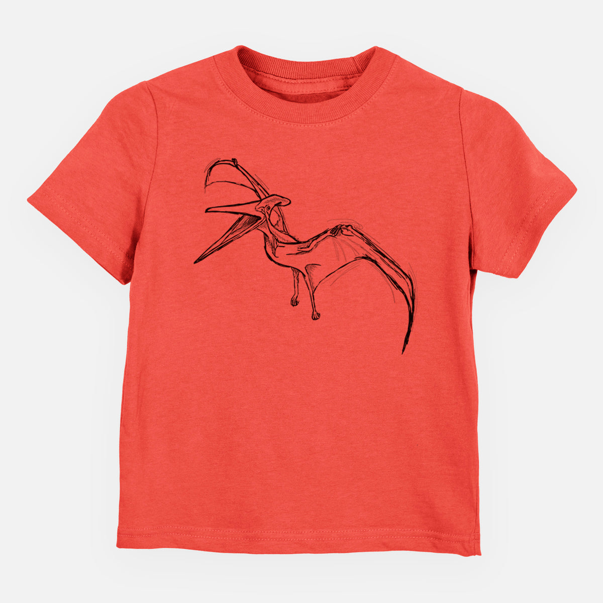 Passionfruit pink toddler t-shirt laid flat, printed with a black ink illustration of a Pteranodon in flight.