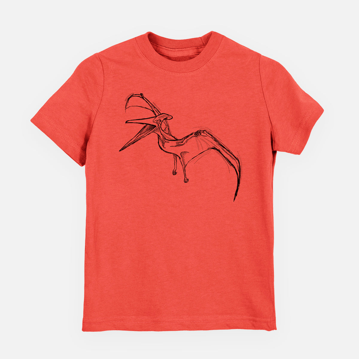 Passionfruit pink youth t-shirt laid flat, printed with a black ink illustration of a Pteranodon in flight.