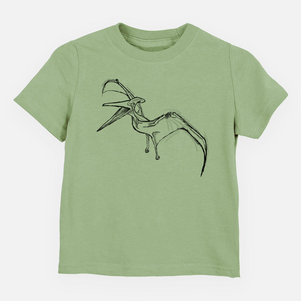 Sage green toddler t-shirt laid flat, printed with a black ink illustration of a Pteranodon in flight.