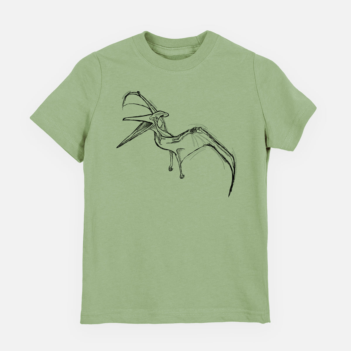 Sage green youth t-shirt laid flat, printed with a black ink illustration of a Pteranodon in flight.