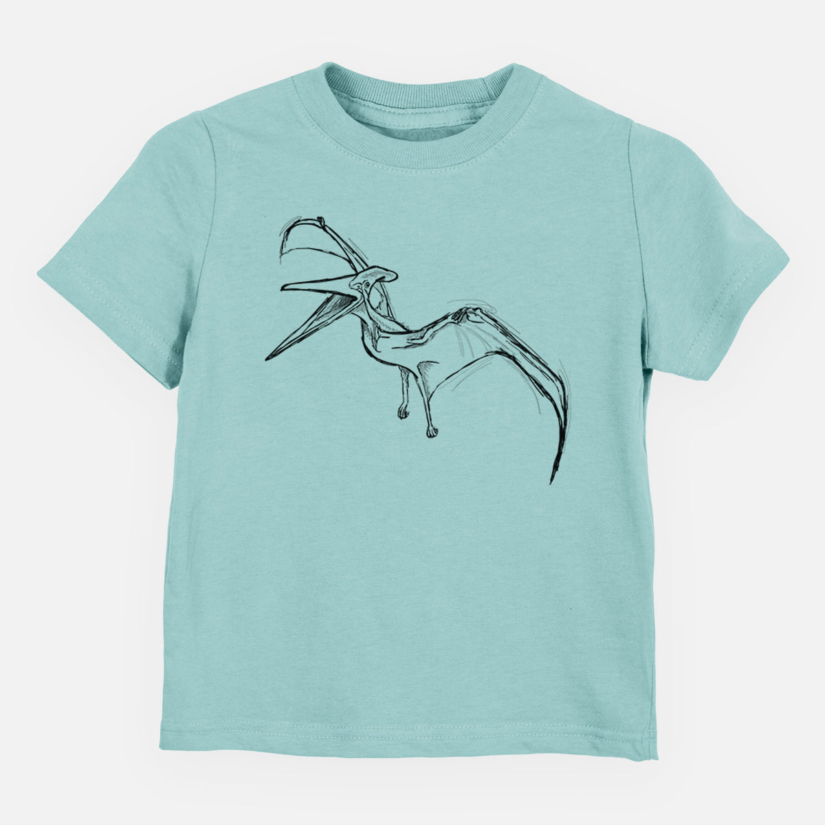 Saltwater toddler t-shirt laid flat, printed with a black ink illustration of a Pteranodon in flight.