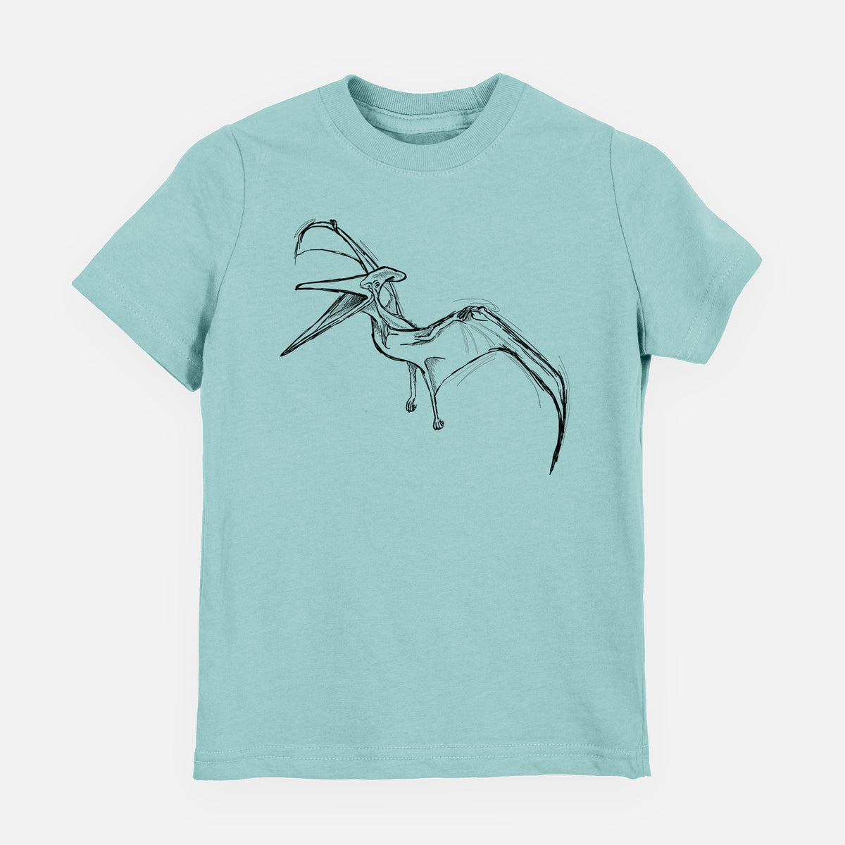 Saltwater youth t-shirt laid flat, printed with a black ink illustration of a Pteranodon in flight.