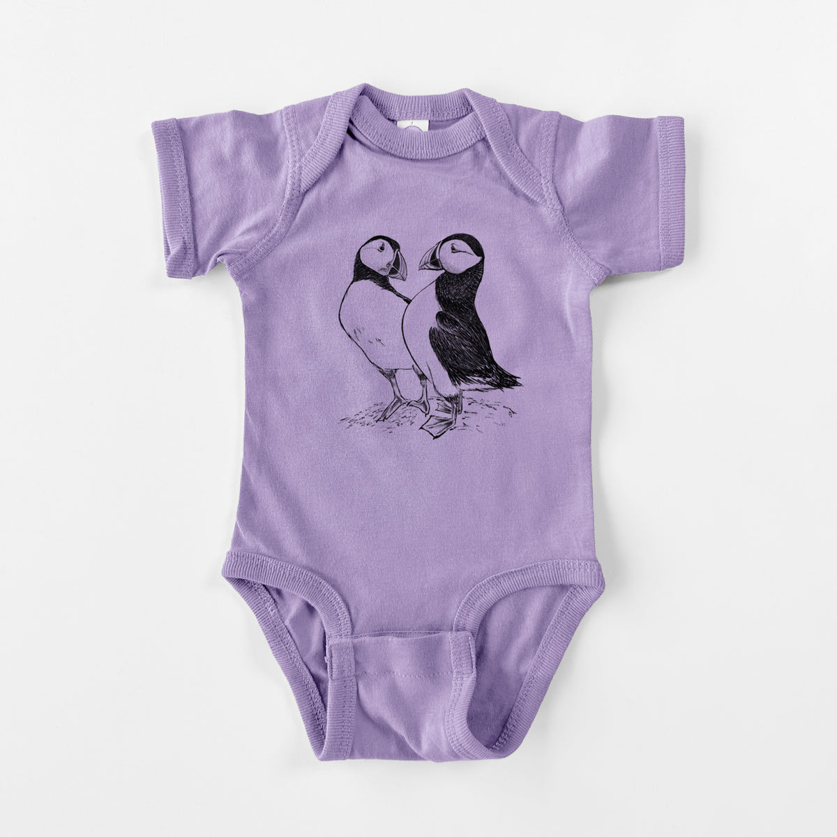 Lavender baby bodysuit laid flat, printed with a detailed black ink illustration of two Atlantic puffins standing side by side.