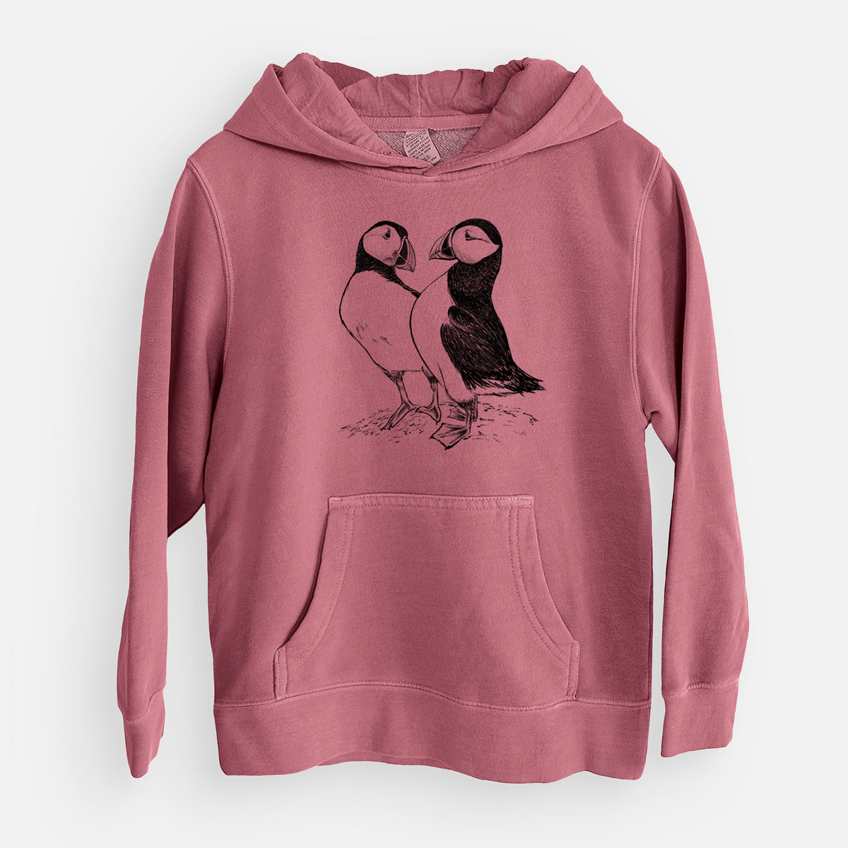 Maroon youth pigment dyed hoodie laid flat, printed with a detailed black ink illustration of two Atlantic puffins standing side by side.