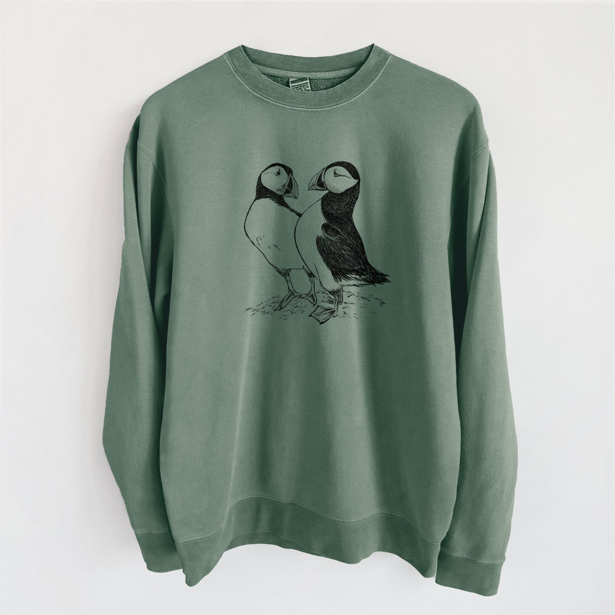 Atlantic Puffins Pair - Fratercula arctica - Unisex Pigment Dyed Crew Sweatshirt in Alpine Green