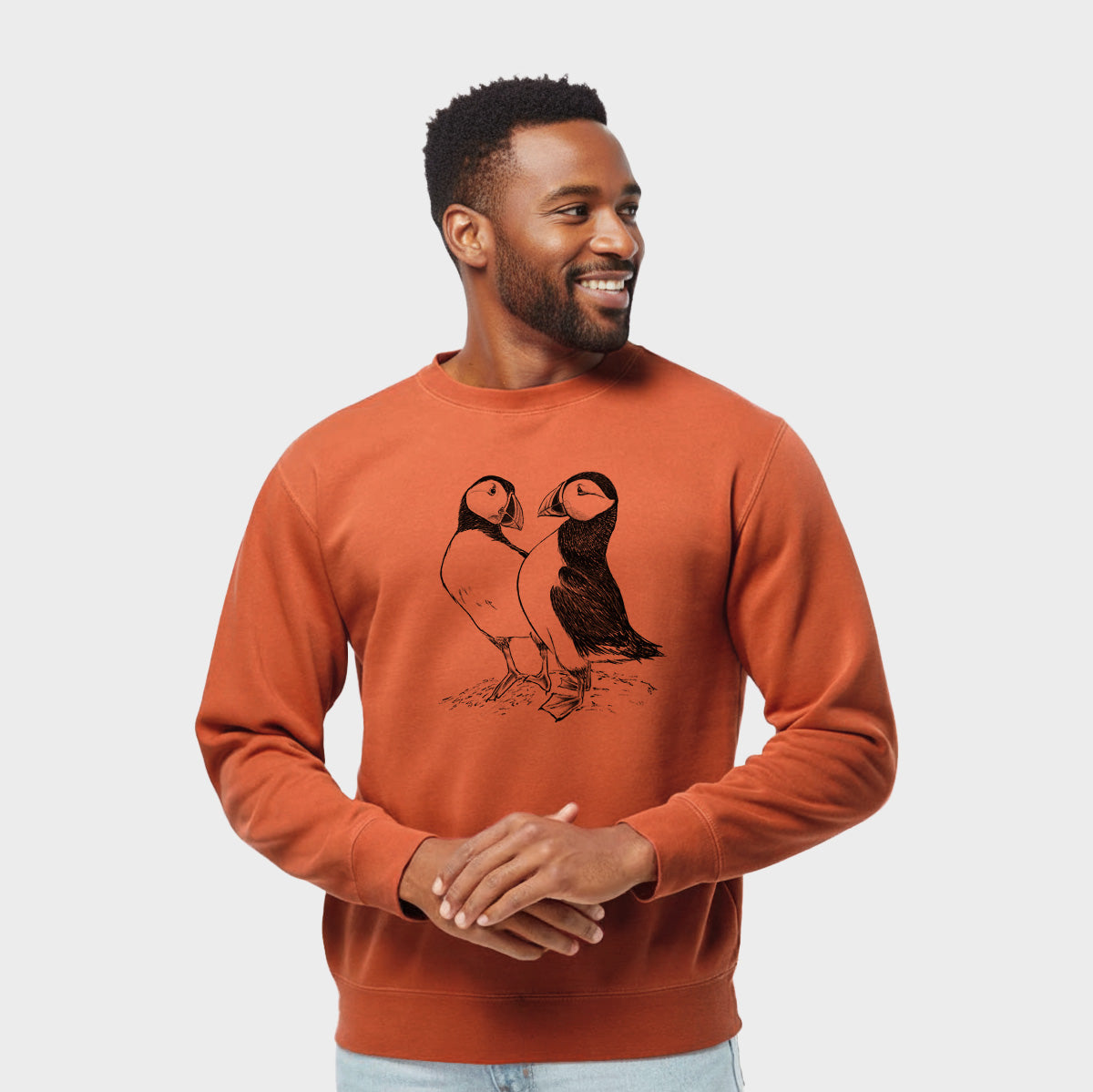Atlantic Puffins Pair - Fratercula arctica - Unisex Pigment Dyed Crew Sweatshirt in Amber