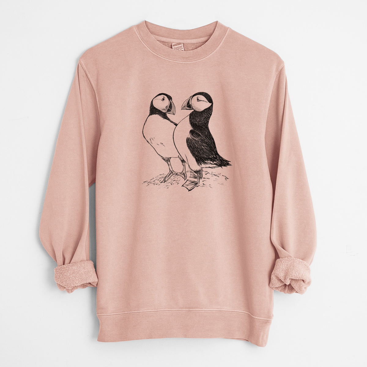 Atlantic Puffins Pair - Fratercula arctica - Unisex Pigment Dyed Crew Sweatshirt in Dusty Pink