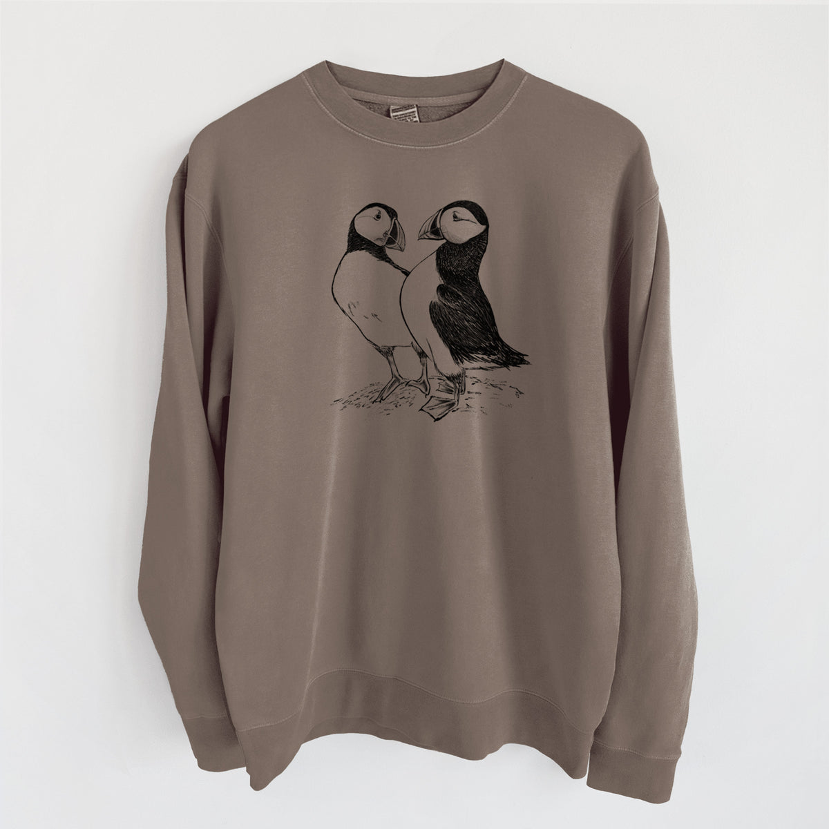Atlantic Puffins Pair - Fratercula arctica - Unisex Pigment Dyed Crew Sweatshirt in Espresso Brown Color