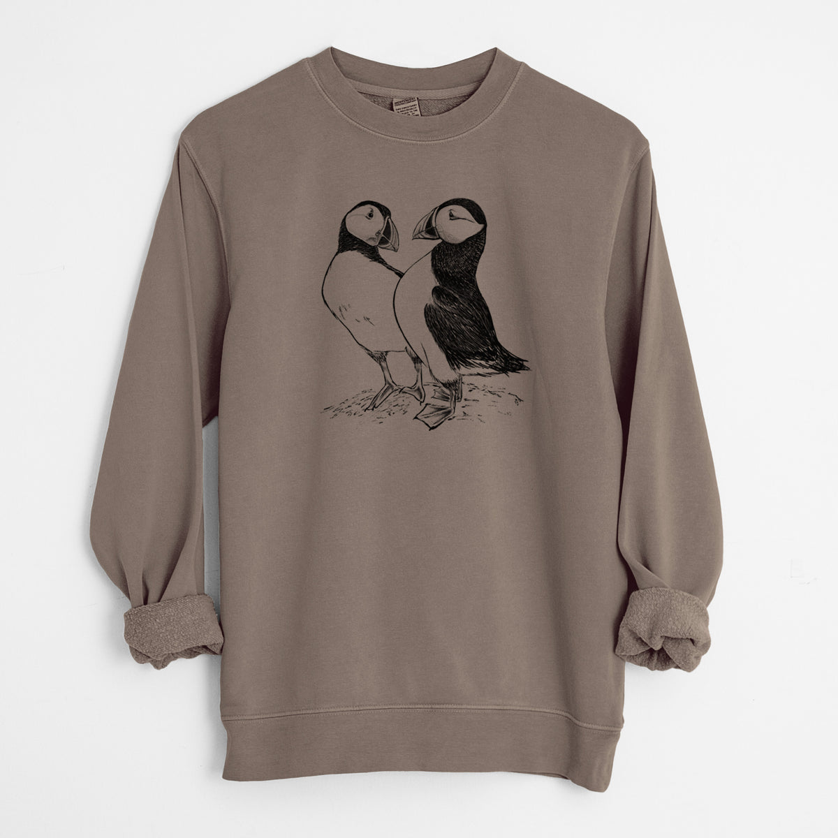 Atlantic Puffins Pair - Fratercula arctica - Unisex Pigment Dyed Crew Sweatshirt in Espresso Brown Color