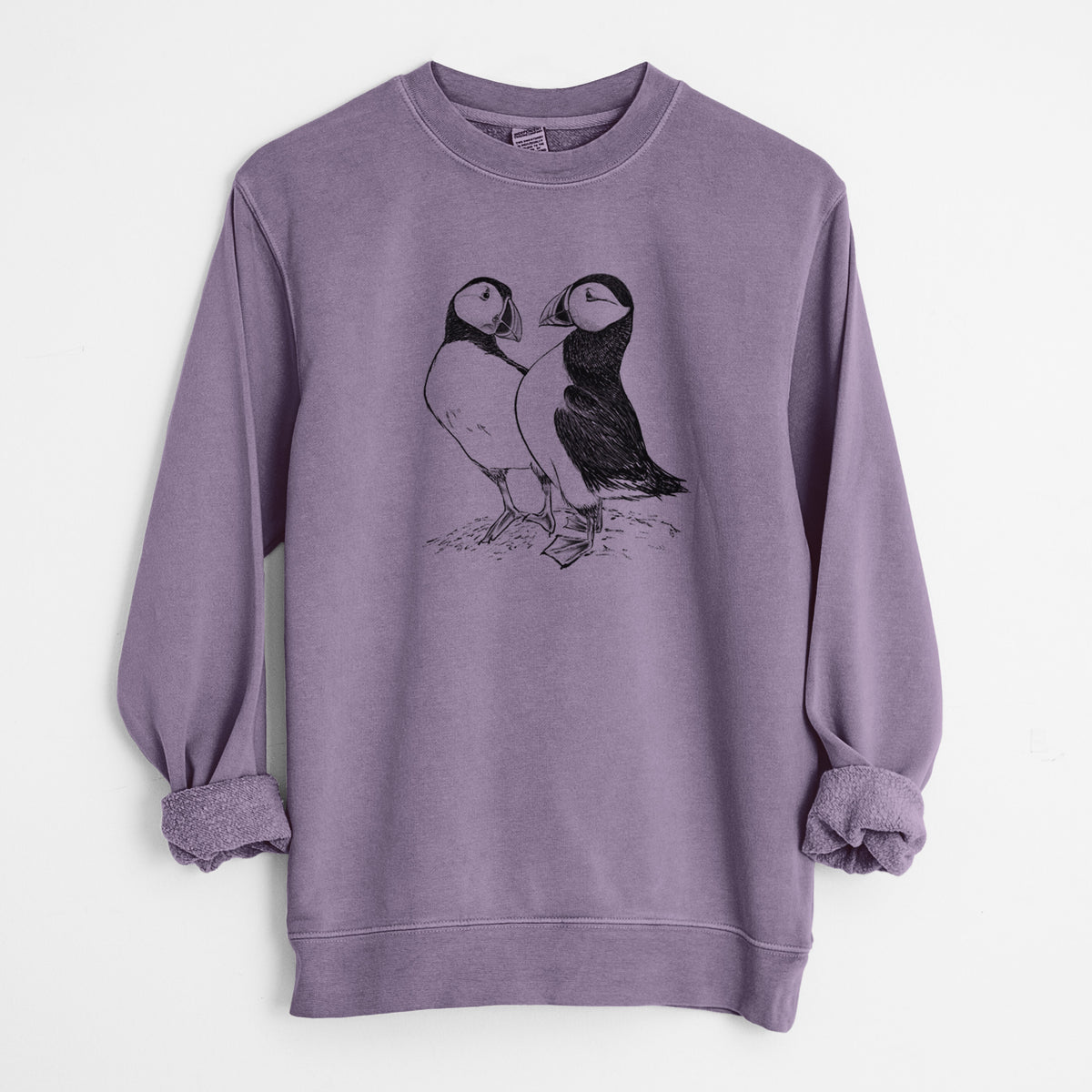 Atlantic Puffins Pair - Fratercula arctica - Unisex Pigment Dyed Crew Sweatshirt in Plum