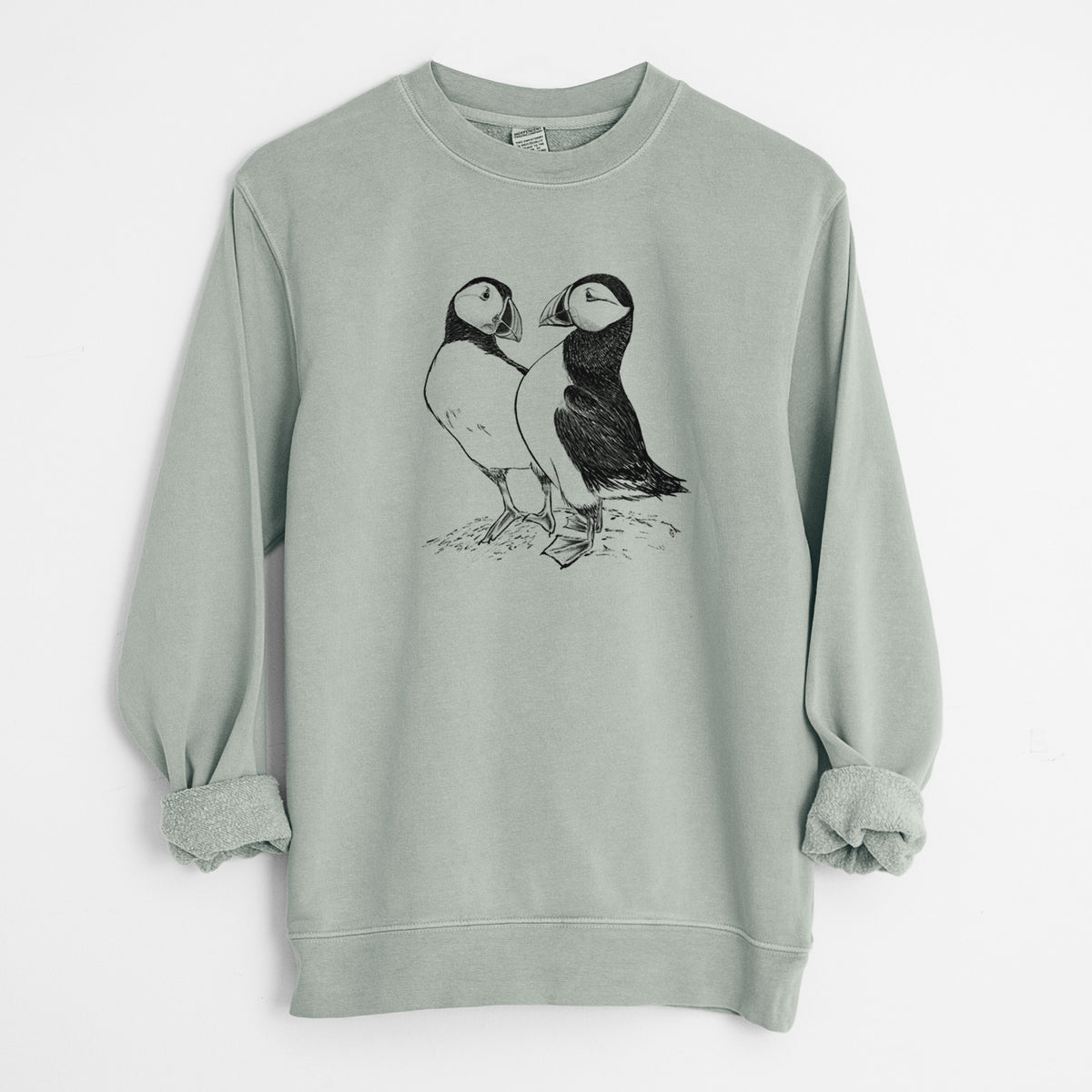 Atlantic Puffins Pair - Fratercula arctica - Unisex Pigment Dyed Crew Sweatshirt in Sage