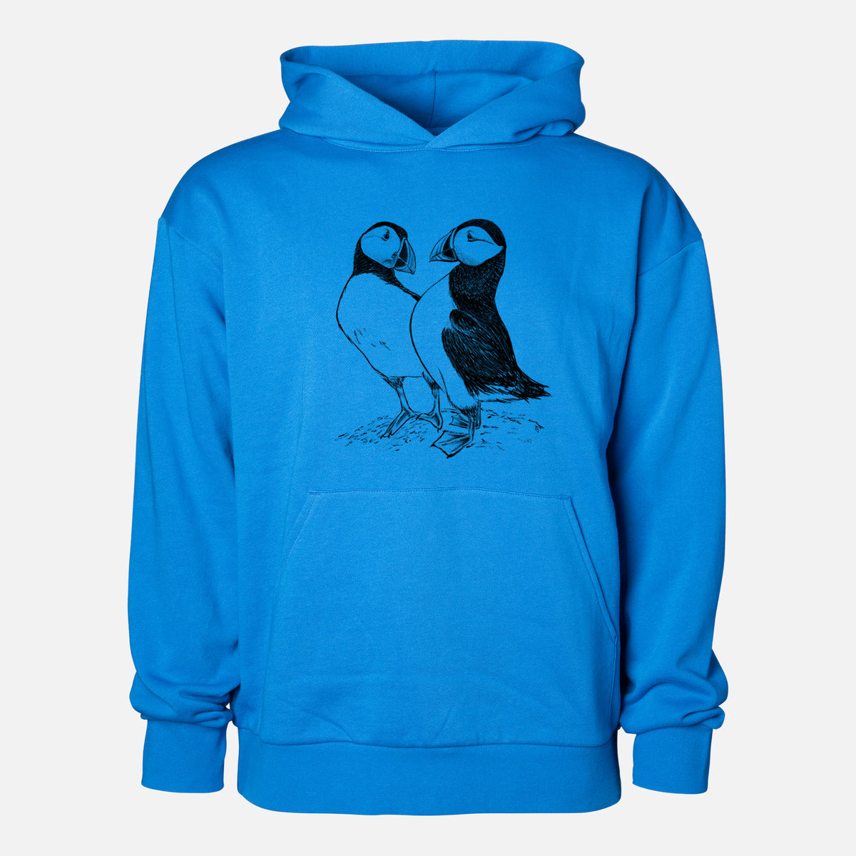 Atlantic Puffins Pair - Fratercula arctica - Statement Midweight Hoodie in Azure Blue, shown from the front with the design printed on the chest above a front kangaroo pocket.