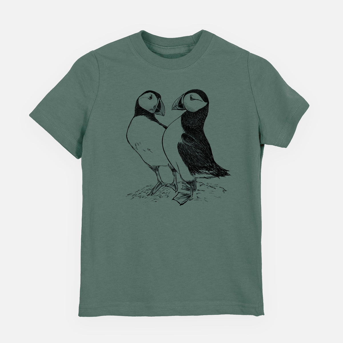 Basil green youth t-shirt laid flat, printed with a detailed black ink illustration of two Atlantic puffins standing side by side.